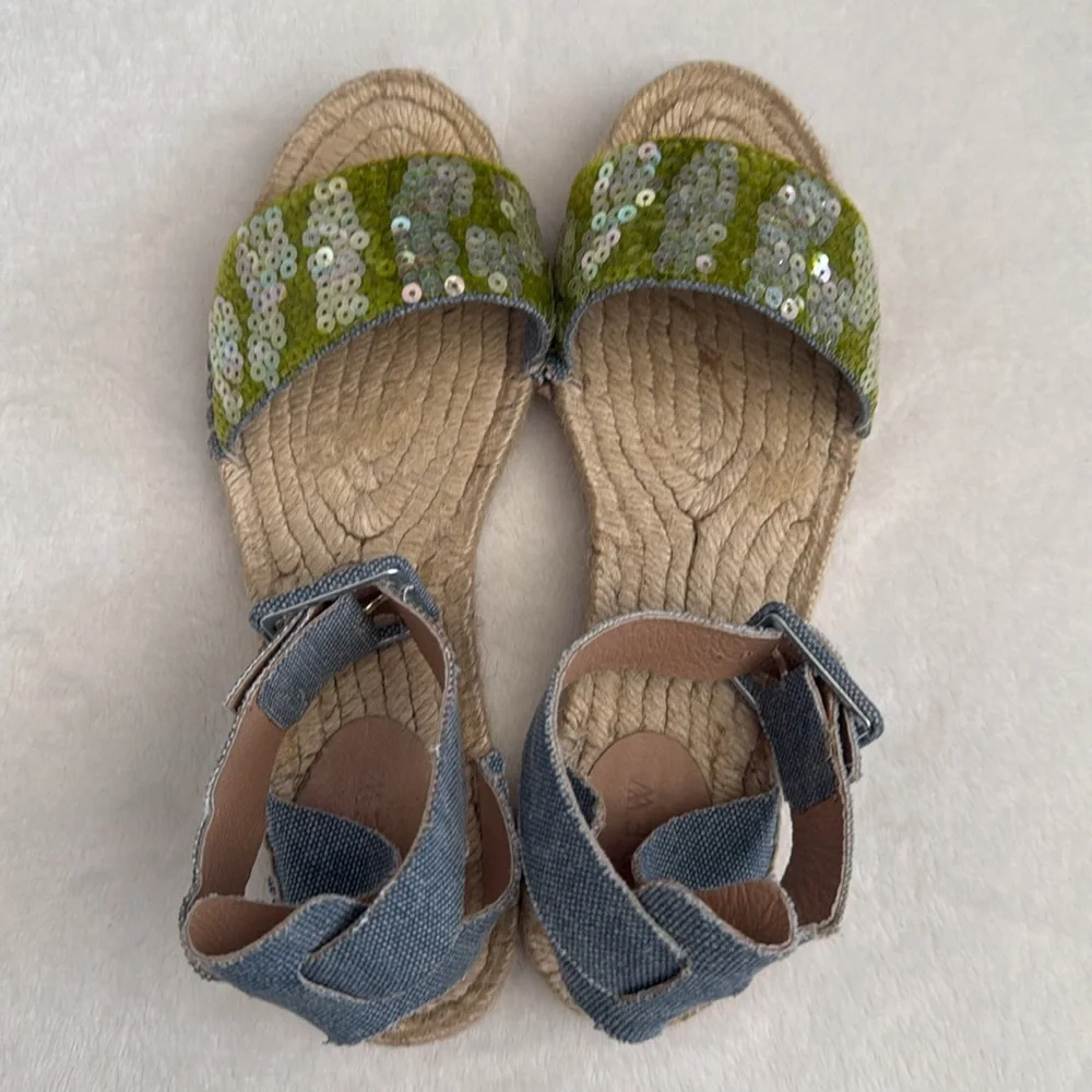 J. Crew | Sequin Ankle Strap Espadrilles Green/Blue Chambray (8) - Picture 8 of 15